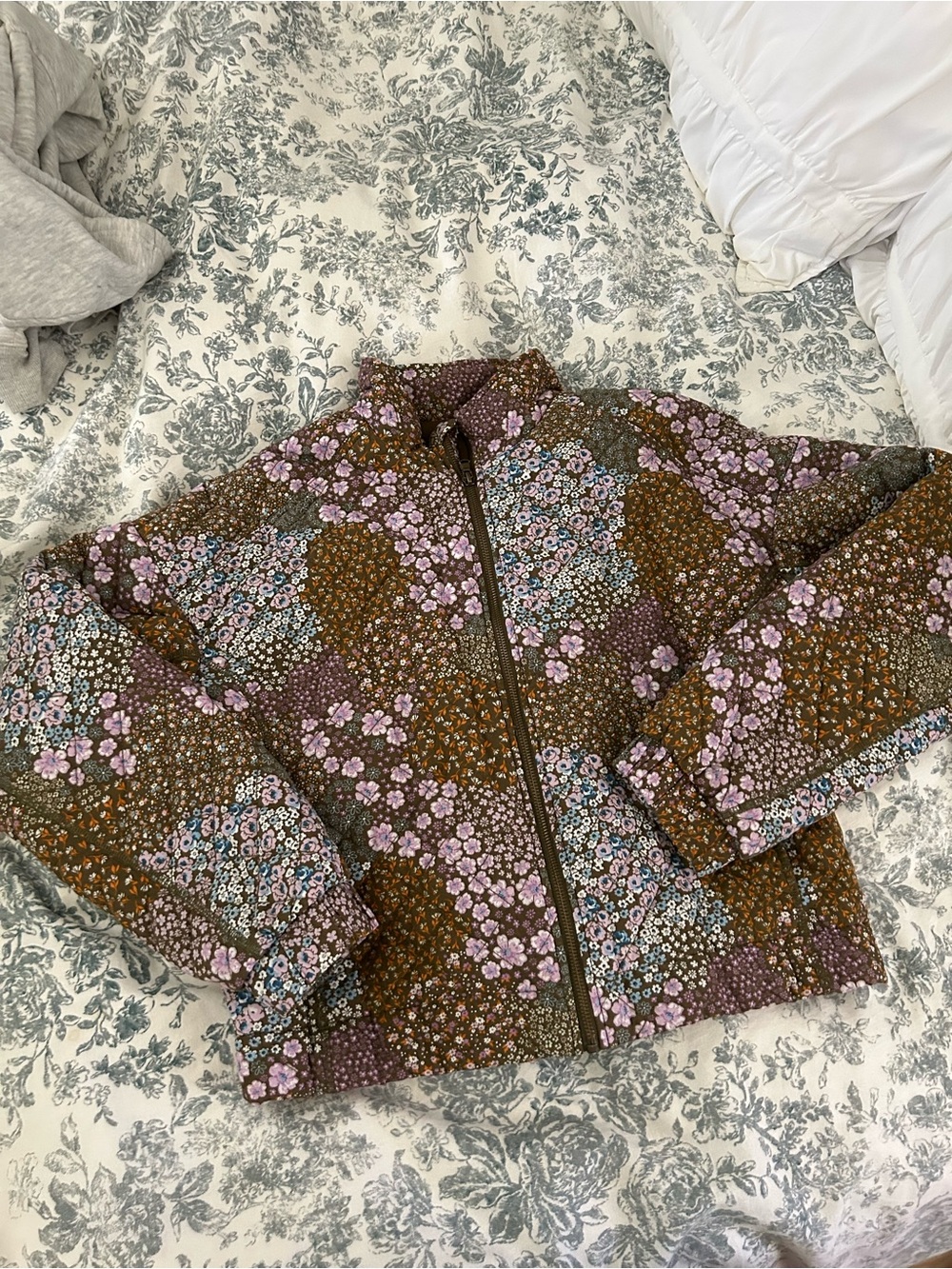 Sonoma Brown Floral Quilted Puffer Jacket with Lavender Accents